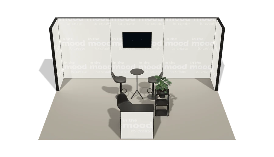 Układ z góry stoiska targowego stoisko polwyspowe 6x4 m100 led z ekranem z0 r0 s0 l1 e1 p0 w0 m0 g0 a4 v2 o1