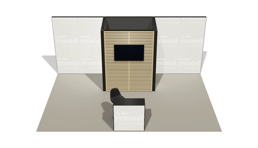 Układ z góry stoiska targowego stoisko polwyspowe 6x4 m100 led  z zapleczem z2 r0 s0 l1 e1 p0 w0 m0 g0 a1 v2 o1