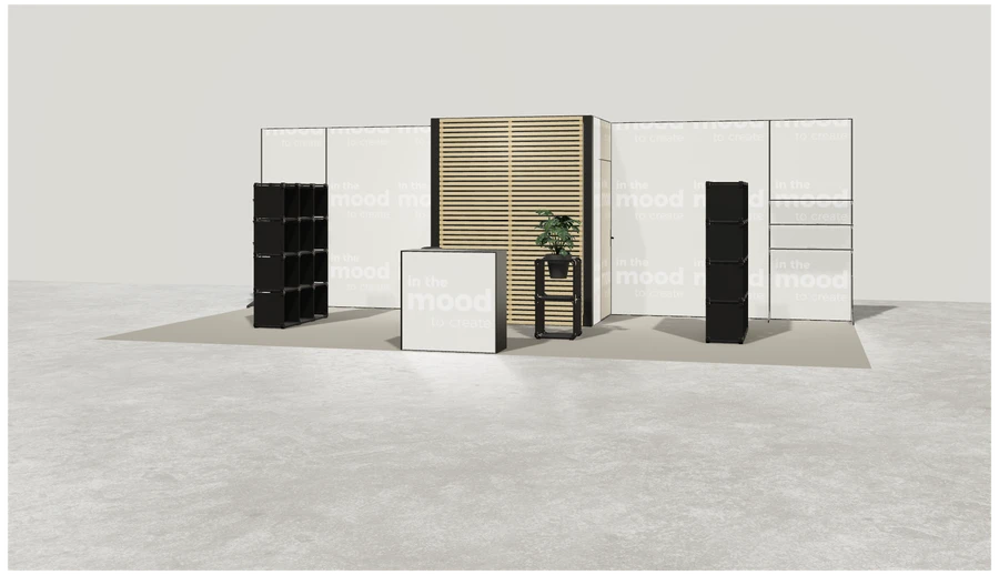 Widok prezentacyjny stoiska targowego stoisko polwyspowe 8x4 m100 led ekspozycyjny z3 r1 s0 l1 e0 p0 w0 m0 g0 a0 v2 o1