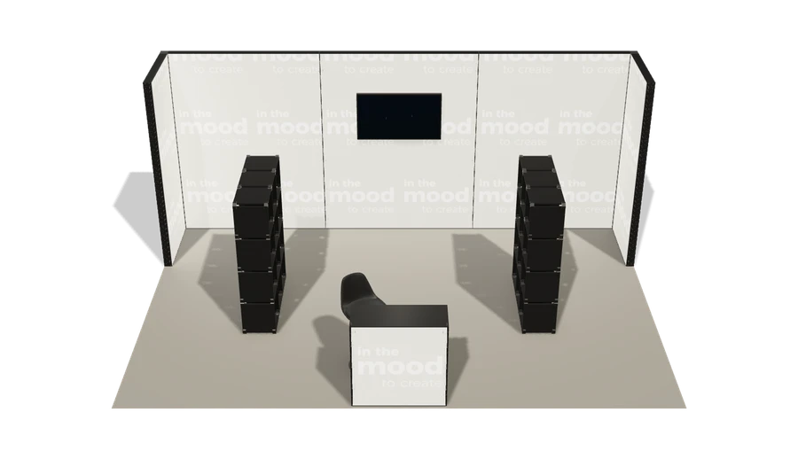 Układ z góry stoiska targowego stoisko polwyspowe 6x4 m100 led  z ekranem z0 r0 s0 l1 e1 p0 w0 m0 g0 a4 v2 o3