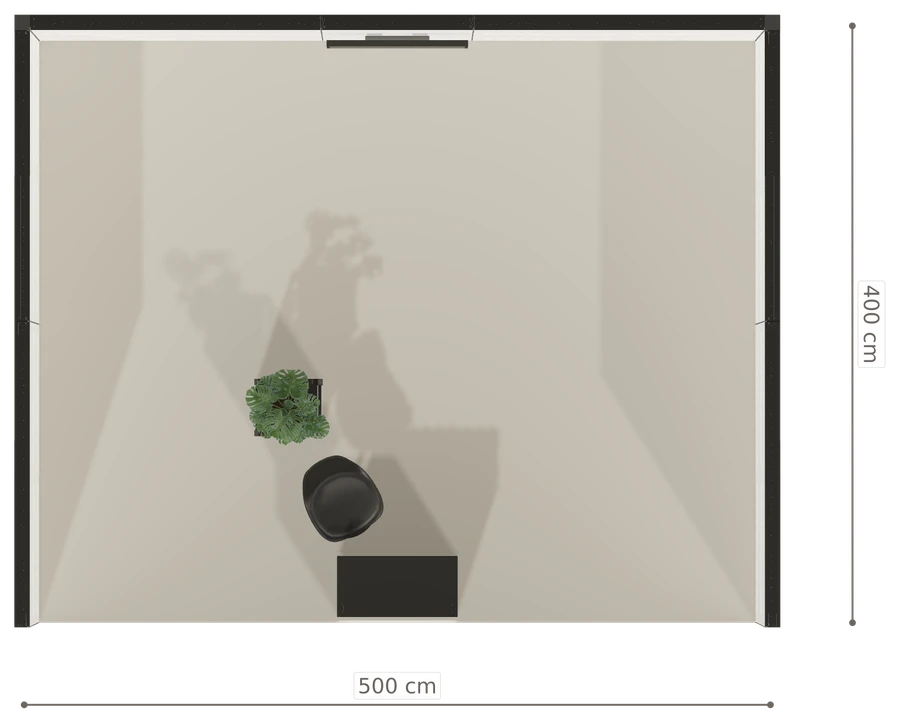 Rzut z góry stoiska stoisko szeregowe 5x4 m100 led  z ekranem z0 r0 s0 l1 e1 p0 w0 m0 g0 a4 v2 o2