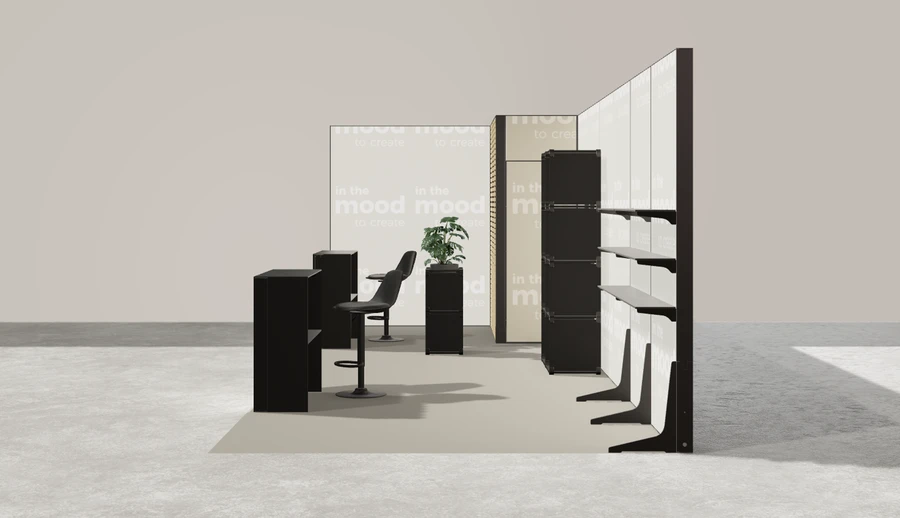 Z boku stoiska targowego stoisko narozne lewe 8x3 m100 led ekspozycyjny z1 r1 s0 l1 e0 p0 w2 m0 g0 a0 v2 o1