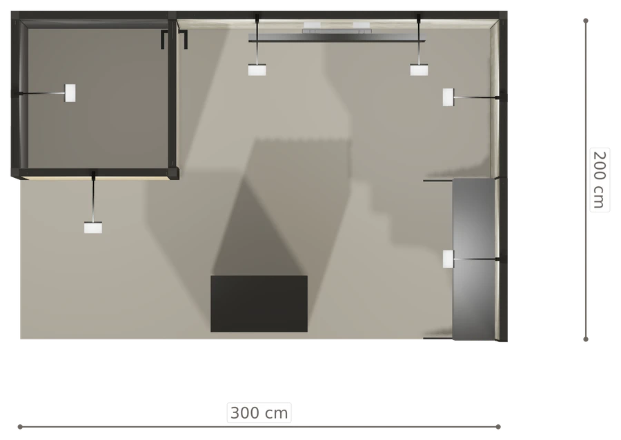 Rzut z góry stoiska stoisko narozne prawe 3x2 m50  ekspozycyjny z1 r1 s0 l1 e1 p0 w0 m0 g0 a1 v2a o1