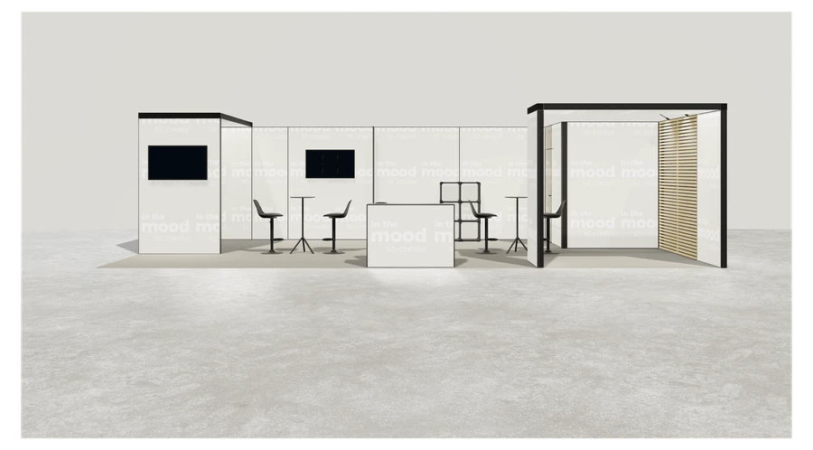 Od frontu stoiska targowego stoisko narozne prawe 10x5 m100 led  pelny xl z3 r0 s2 l1 e1 p0 w0 m0 g2 a2 v2 2sufity o3