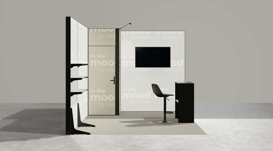 Z boku stoiska targowego stoisko narozne prawe 4x3 m100 led  ekspozycyjny z1 r1 s0 l1 e1 p0 w2 m0 g0 a1 v2 o3