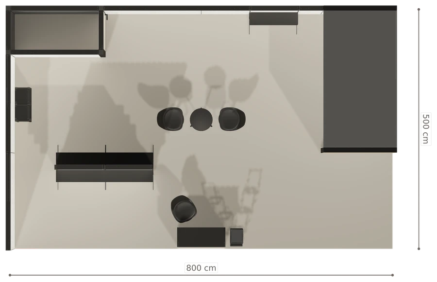 Rzut z góry stoiska stoisko narozne lewe 8x5 m100 led pelny z1 r1 s2 l1 e0 p0 w2 m0 g2 a3 v2 o6