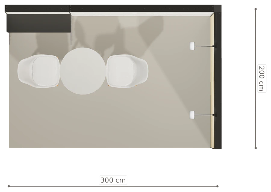 Rzut z góry stoiska stoisko narozne prawe 3x2 m100 led  ekspozycyjny z0 r1 s0 l0 e0 p0 w2 m0 g0 a2 v2 o3