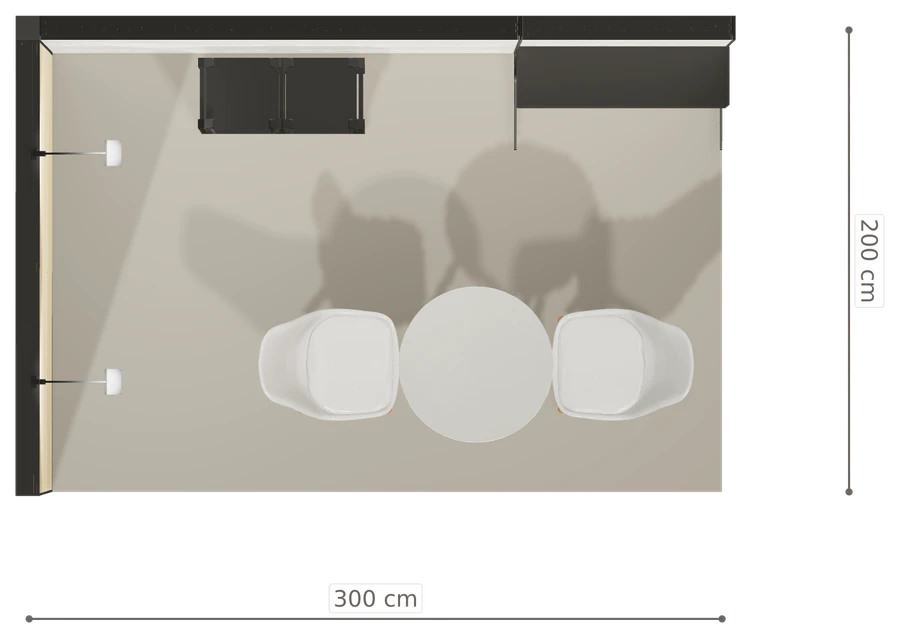 Rzut z góry stoiska stoisko narozne lewe 3x2 m100 led  ekspozycyjny z0 r1 s0 l0 e0 p0 w2 m0 g0 a2 v2 o4