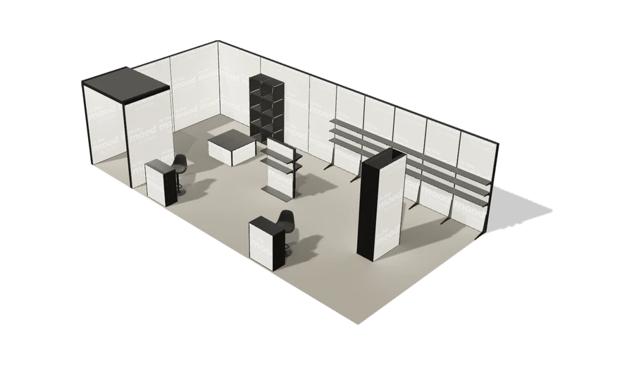 Układ z góry stoiska targowego stoisko narozne lewe 10x5 m100 led pelny z0 r1 s2 l1 e0 p0 w2 m1 g2 a4 v2 o6