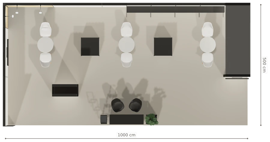 Rzut z góry stoiska stoisko narozne lewe 10x5 m100 led pelny z0 r1 s2 l1 e1 p0 w2 m0 g1 a0 v2 o6