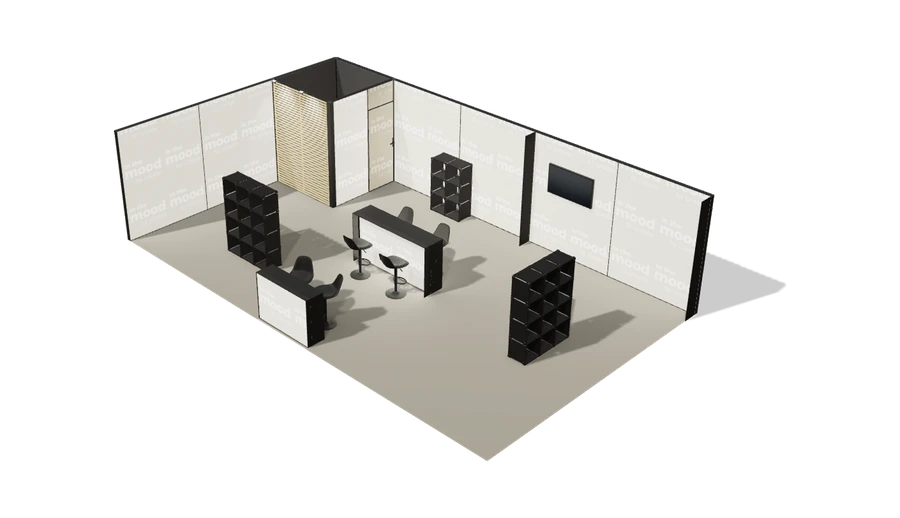 Układ z góry stoiska targowego stoisko narozne lewe 10x6 m100 led  z zapleczem xl z3 r0 s0 l1 e1 p0 w0 m0 g0 a1 v2 o1