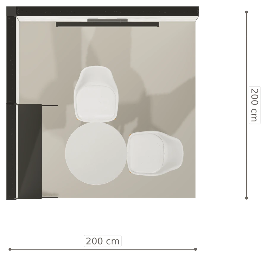 Rzut z góry stoiska stoisko narozne lewe 2x2 m100 led  ekspozycyjny z0 r1 s0 l0 e1 p0 w0 m0 g0 a4 v2 o5
