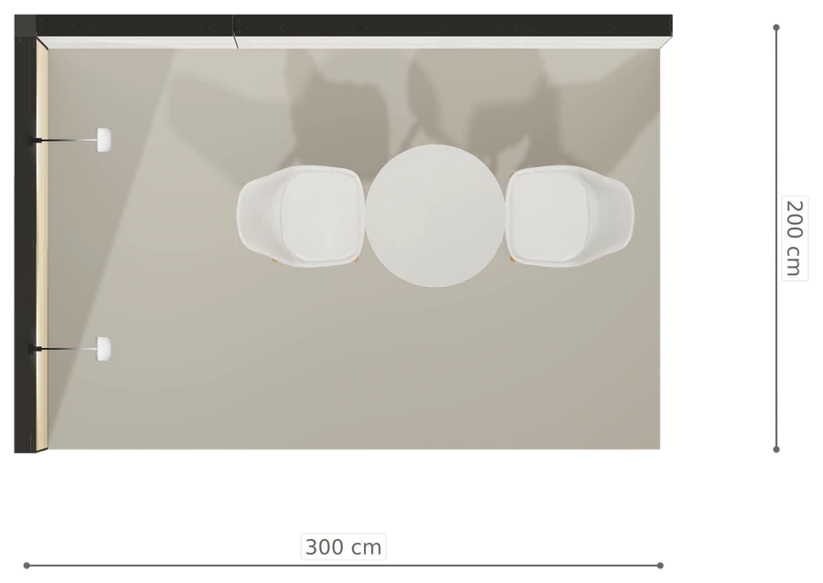 Rzut z góry stoiska stoisko narozne lewe 3x2 m100 led  podstawowy z0 r0 s0 l0 e0 p0 w0 m0 g0 a2 v2 o5
