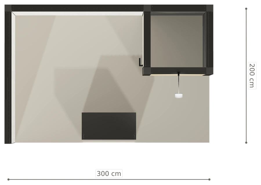 Rzut z góry stoiska stoisko narozne lewe 3x2 m100 led  z zapleczem z1 r0 s0 l1 e0 p0 w0 m0 g0 a1 v2a o4