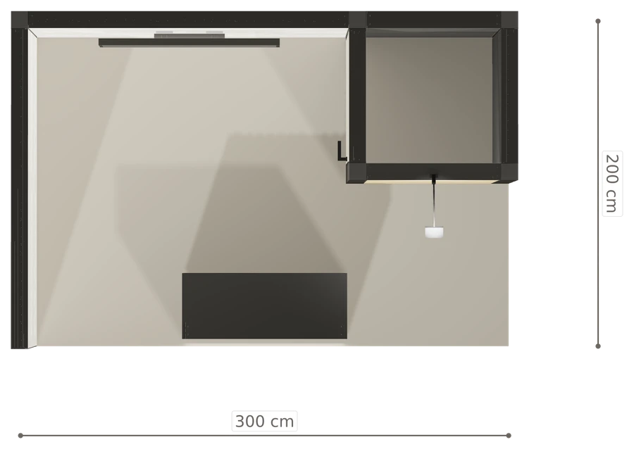 Rzut z góry stoiska stoisko narozne lewe 3x2 m100 led  z zapleczem z1 r0 s0 l1 e1 p0 w0 m0 g0 a1 v2a o2