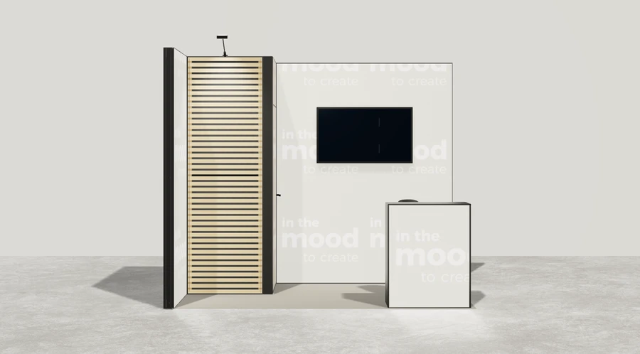 Od frontu stoiska targowego stoisko narozne lewe 3x2 m100 led  z zapleczem z1 r0 s0 l1 e1 p0 w0 m0 g0 a1 v2 o2