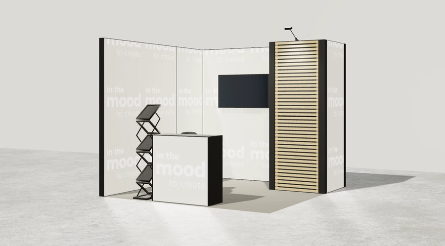 Widok prezentacyjny stoiska targowego stoisko narozne lewe 3x3 m100 led  z zapleczem z1 r0 s0 l1 e1 p0 w0 m0 g0 a1 v2a o2
