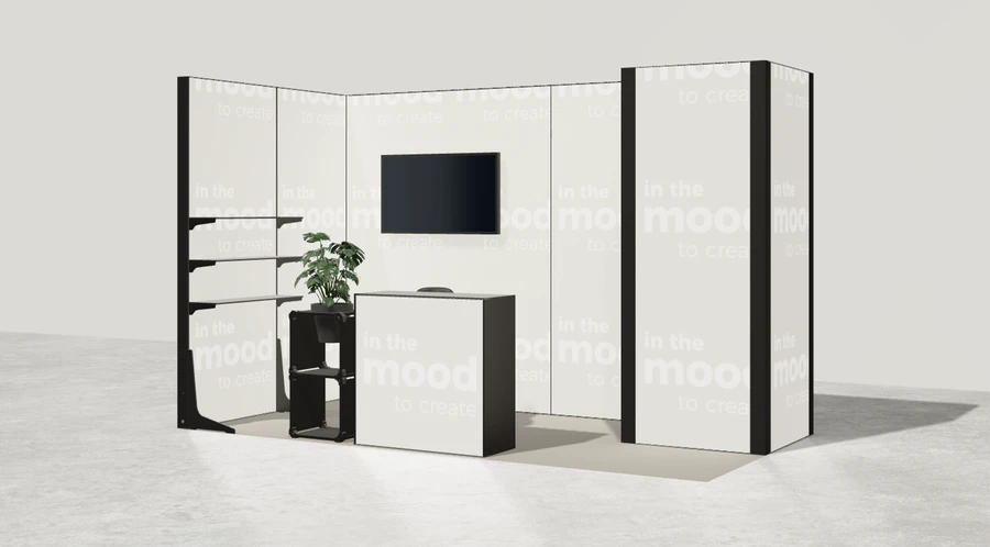 Widok prezentacyjny stoiska targowego stoisko narozne lewe 4x2 m100 led  ekspozycyjny z1 r1 s0 l1 e1 p0 w0 m0 g0 a4 v2a o4