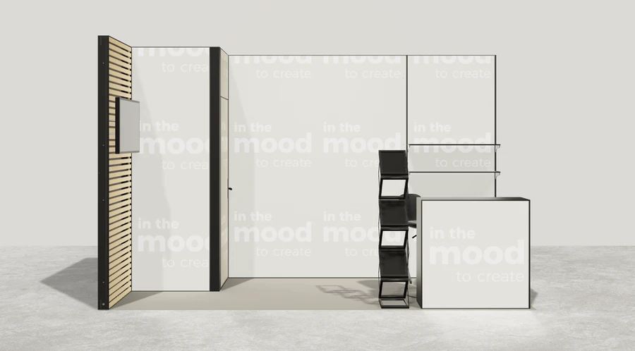 Od frontu stoiska targowego stoisko narozne lewe 4x2 m100 led  ekspozycyjny z1 r1 s0 l1 e1 p0 w2 m0 g0 a2 v2 o4