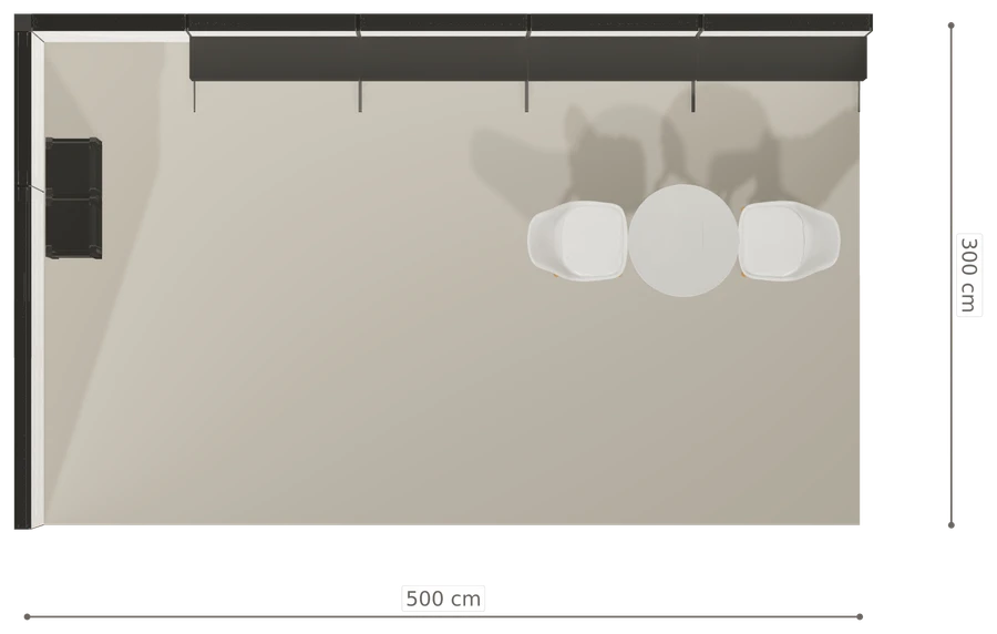 Rzut z góry stoiska stoisko narozne lewe 5x3 m100 led  ekspozycyjny xl z0 r2 s0 l0 e0 p0 w2 m0 g0 a4 v2 o3