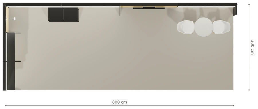 Rzut z góry stoiska stoisko narozne lewe 8x3 m100 led  ekspozycyjny xl z0 r2 s0 l0 e1 p0 w0 m0 g0 a0 v2 o5