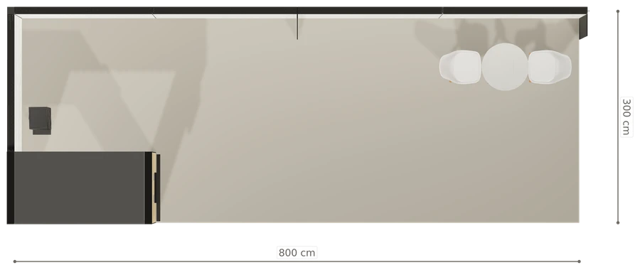 Rzut z góry stoiska stoisko narozne lewe 8x3 m100 led  pelny z0 r0 s1 l0 e1 p0 w0 m1 g1 a0 v2 o5