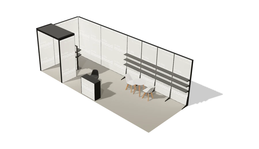 Układ z góry stoiska targowego stoisko narozne lewe 8x3 m100 led  pelny z0 r1 s1 l1 e0 p0 w0 m1 g1 a4 v2 o2