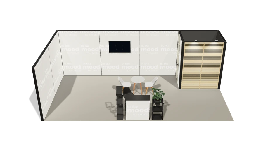 Układ z góry stoiska targowego stoisko narozne lewe 8x4 m100 led  z zapleczem z2 r0 s0 l1 e1 p0 w0 m0 g0 a1 v2a o5