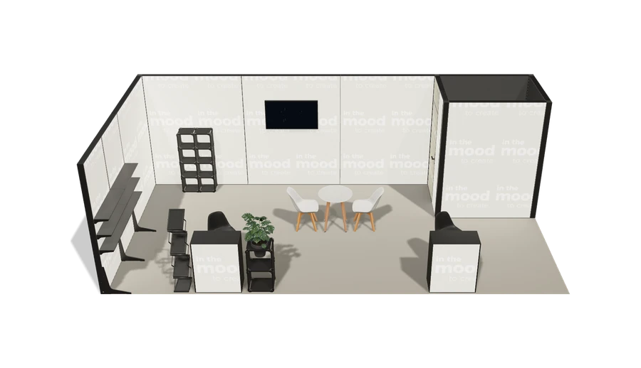 Układ z góry stoiska targowego stoisko narozne lewe 8x4 m100 led  ekspozycyjny z3 r1 s0 l1 e1 p0 w1 m0 g0 a4 v2a o5