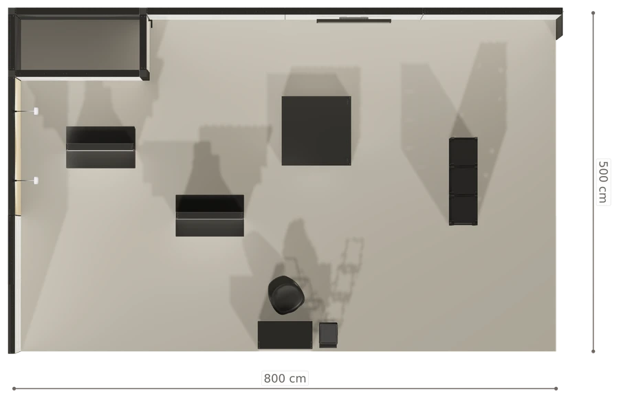 Rzut z góry stoiska stoisko narozne lewe 8x5 m100 led  z zapleczem z1 r0 s0 l1 e1 p0 w0 m0 g0 a2 v2 o6