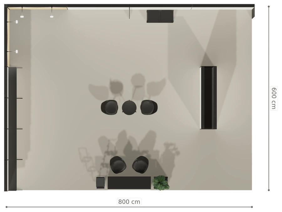 Rzut z góry stoiska stoisko narozne lewe 8x6 m100 led  ekspozycyjny xl z0 r2 s0 l1 e0 p0 w1 m0 g0 a0 v2 o6