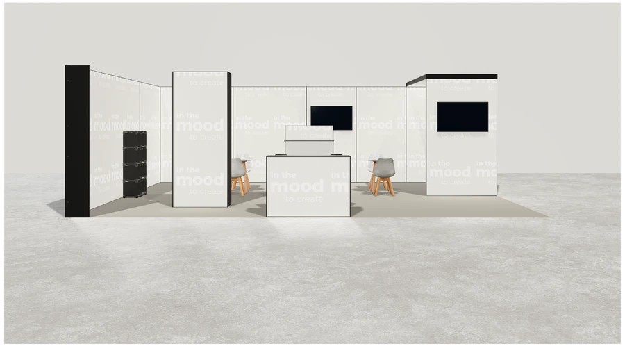 Od frontu stoiska targowego stoisko narozne lewe 8x6 m100 led  pelny z0 r0 s2 l1 e1 p0 w0 m0 g2 a4 v2 o5