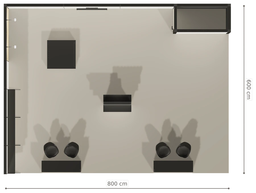 Rzut z góry stoiska stoisko narozne lewe 8x6 m100 led ekspozycyjny z1 r1 s0 l1 e1 p0 w1 m0 g0 a2 v2a o1