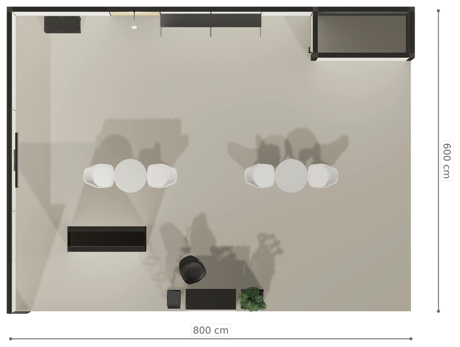 Rzut z góry stoiska stoisko narozne lewe 8x6 m100 led ekspozycyjny xl z1 r2 s0 l1 e1 p0 w2 m0 g0 a0 v2a o4