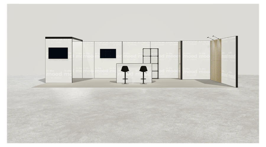 Od frontu stoiska targowego stoisko narozne prawe 10x5 m100 led  pelny z1 r0 s2 l1 e1 p0 w0 m0 g2 a2 v2 o3