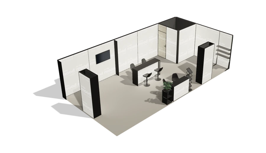 Układ z góry stoiska targowego stoisko narozne prawe 10x5 m100 led  ekspozycyjny z2 r1 s0 l1 e1 p0 w1 m0 g0 a4 v2 o5
