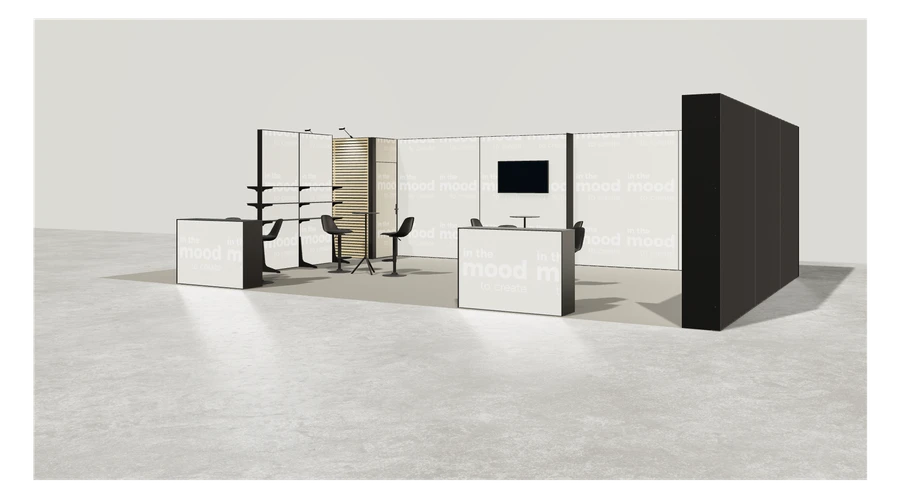 Widok prezentacyjny stoiska targowego stoisko narozne prawe 10x6 m100 led  z zapleczem z1 r0 s0 l1 e1 p0 w0 m0 g0 a1 v2a o2
