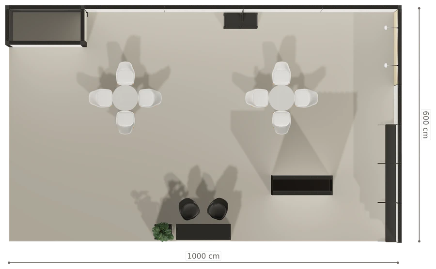 Rzut z góry stoiska stoisko narozne prawe 10x6 m100 led ekspozycyjny z1 r1 s0 l1 e0 p0 w1 m0 g0 a2 v2a o1