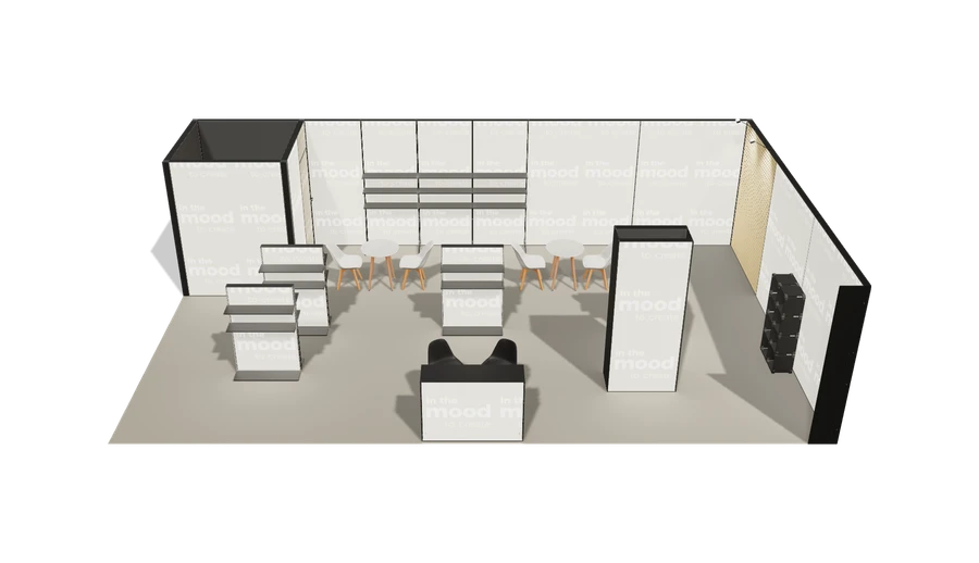 Układ z góry stoiska targowego stoisko narozne prawe 10x6 m100 led  ekspozycyjny z3 r1 s0 l1 e0 p0 w2 m0 g0 a2 v2a o1