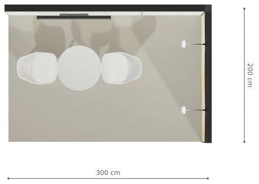 Rzut z góry stoiska stoisko narozne prawe 3x2 m100 led z ekranem z0 r0 s0 l0 e1 p0 w0 m0 g0 a2 v2 o3