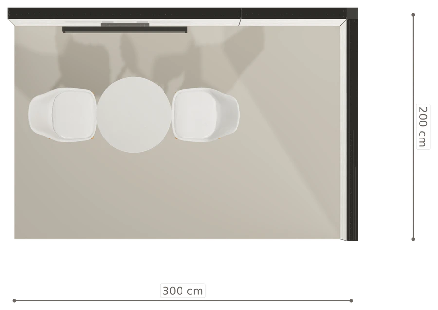 Rzut z góry stoiska stoisko narozne prawe 3x2 m100 led  z ekranem z0 r0 s0 l0 e1 p0 w0 m0 g0 a4 v2 o5