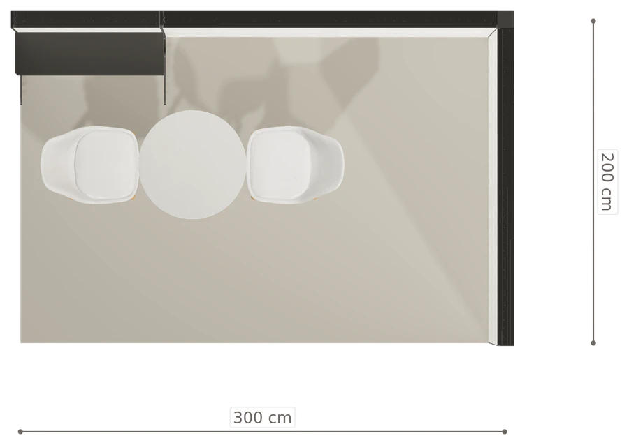 Rzut z góry stoiska stoisko narozne prawe 3x2 m100 led  ekspozycyjny z0 r1 s0 l0 e0 p0 w2 m0 g0 a4 v2 o4