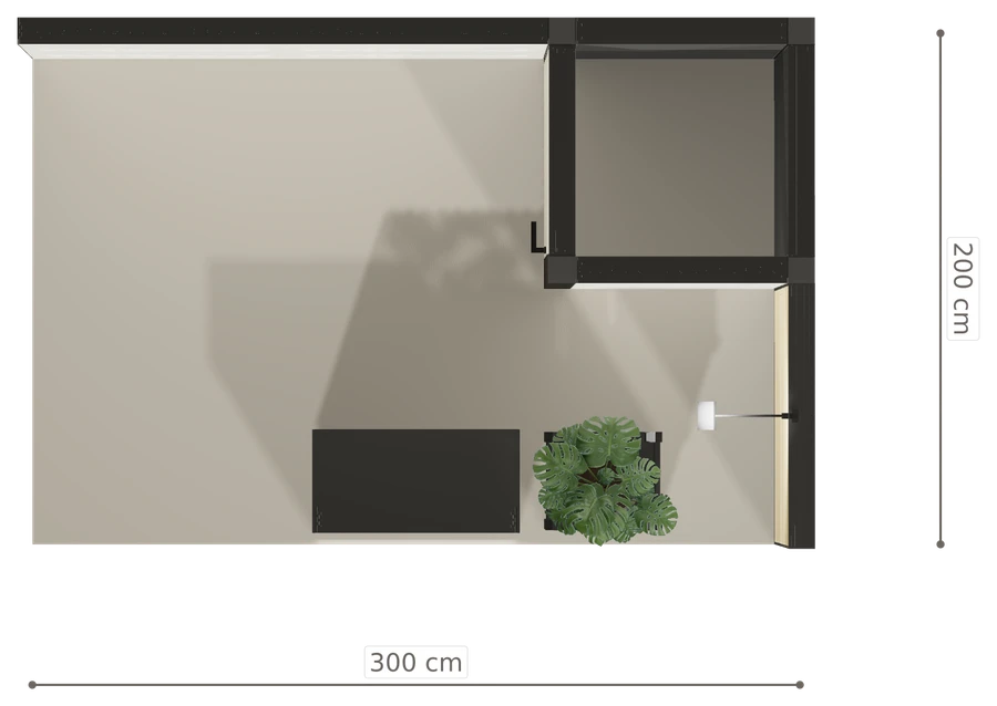 Rzut z góry stoiska stoisko narozne prawe 3x2 m100 led  z zapleczem z1 r0 s0 l1 e0 p0 w0 m0 g0 a2 v2 o4