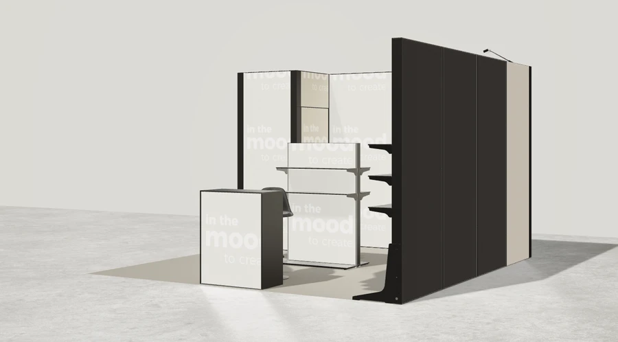 Widok prezentacyjny stoiska targowego stoisko narozne prawe 4x4 m100 led ekspozycyjny xl z1 r2 s0 l1 e0 p0 w1 m0 g0 a2 v2a o1