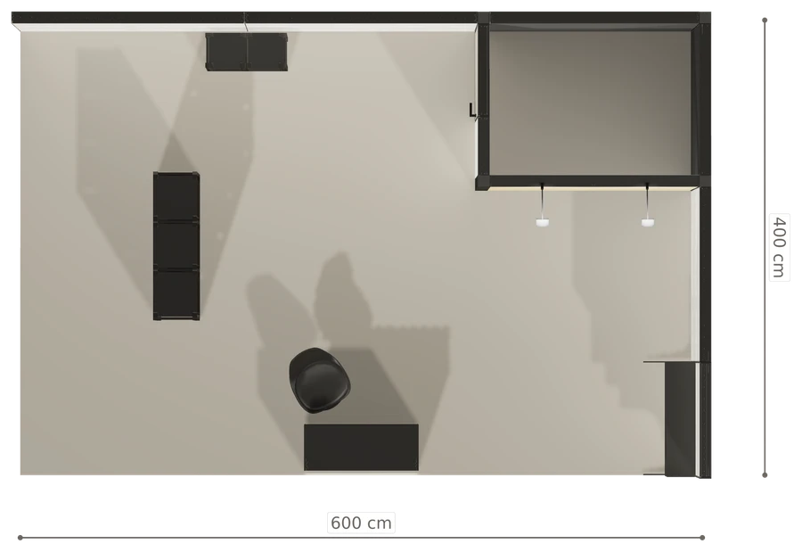 Rzut z góry stoiska stoisko narozne prawe 6x4 m100 led ekspozycyjny z2 r1 s0 l1 e0 p0 w1 m0 g0 a0 v2 o2