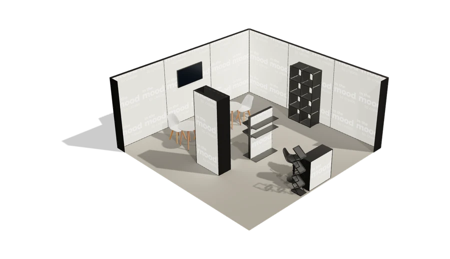 Układ z góry stoiska targowego stoisko narozne prawe 6x6 m100 led  z ekranem z0 r0 s0 l1 e1 p0 w0 m0 g0 a4 v2 o4