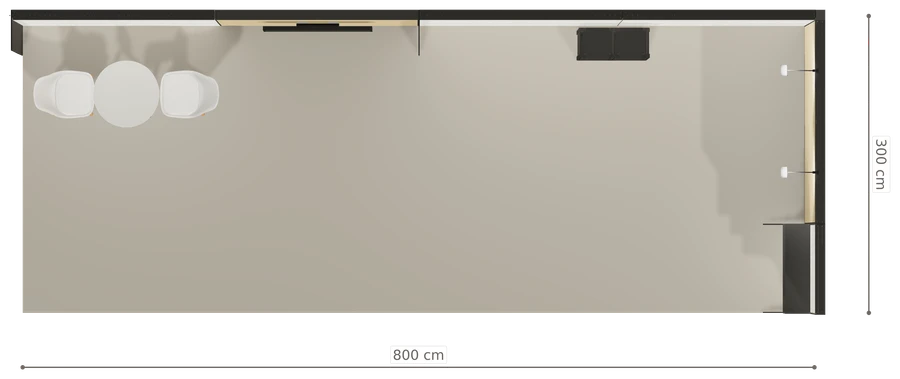 Rzut z góry stoiska stoisko narozne prawe 8x3 m100 led  ekspozycyjny z0 r1 s0 l0 e1 p0 w1 m0 g0 a0 v2 o4