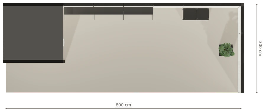 Rzut z góry stoiska stoisko narozne prawe 8x3 m100 led  pelny z0 r1 s1 l0 e0 p0 w2 m0 g0 a0 v2 o4