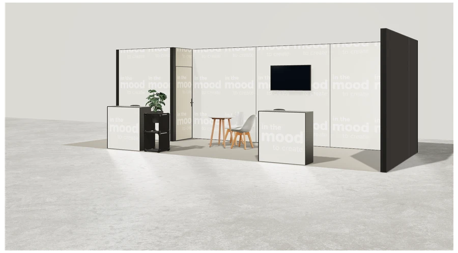 Widok prezentacyjny stoiska targowego stoisko narozne prawe 8x3 m100 led  z zapleczem z1 r0 s0 l1 e1 p0 w0 m0 g0 a4 v2a o2