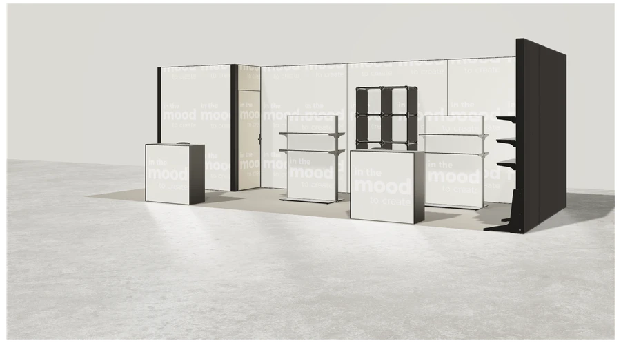 Widok prezentacyjny stoiska targowego stoisko narozne prawe 8x3 m100 led  ekspozycyjny z1 r1 s0 l1 e0 p0 w0 m0 g0 a4 v2a o1